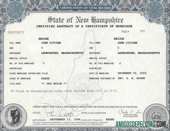 Certidão de casamento nos EUA em New Hampshire exemplo